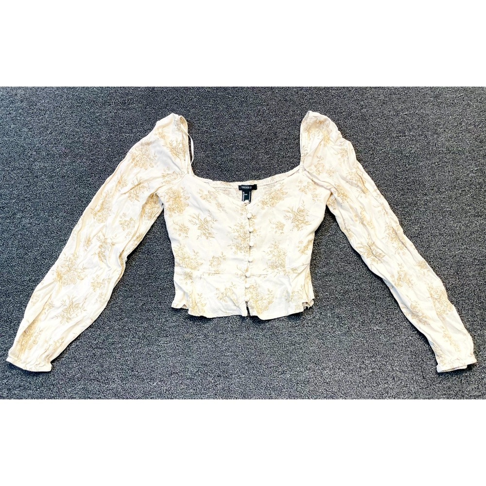 Forever 21 Cropped Top Womens Small Cream Beige Floral Long Sleeve Button-Front